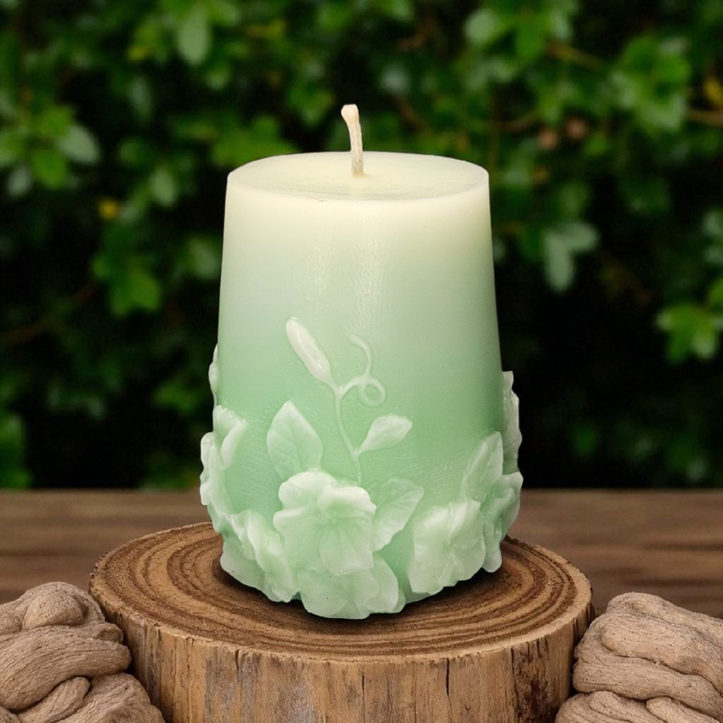 Bienenwachskerze Blumenstumpe Grün/Weiß aus 100% gebleichten Bienenwachs