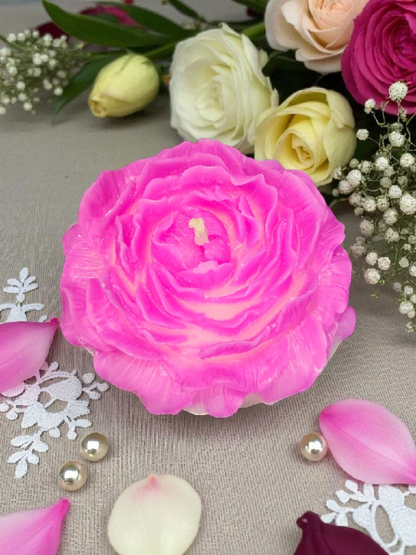 Bienenwachskerze Rose Rosa/Weiß aus gebleichen Bienenwachs