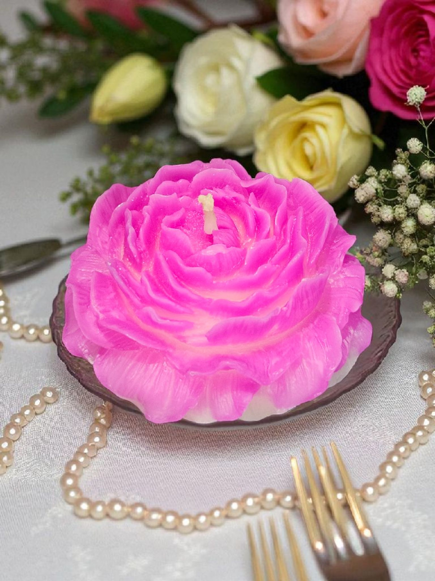 Bienenwachskerze Rose Rosa/Weiß aus gebleichen Bienenwachs