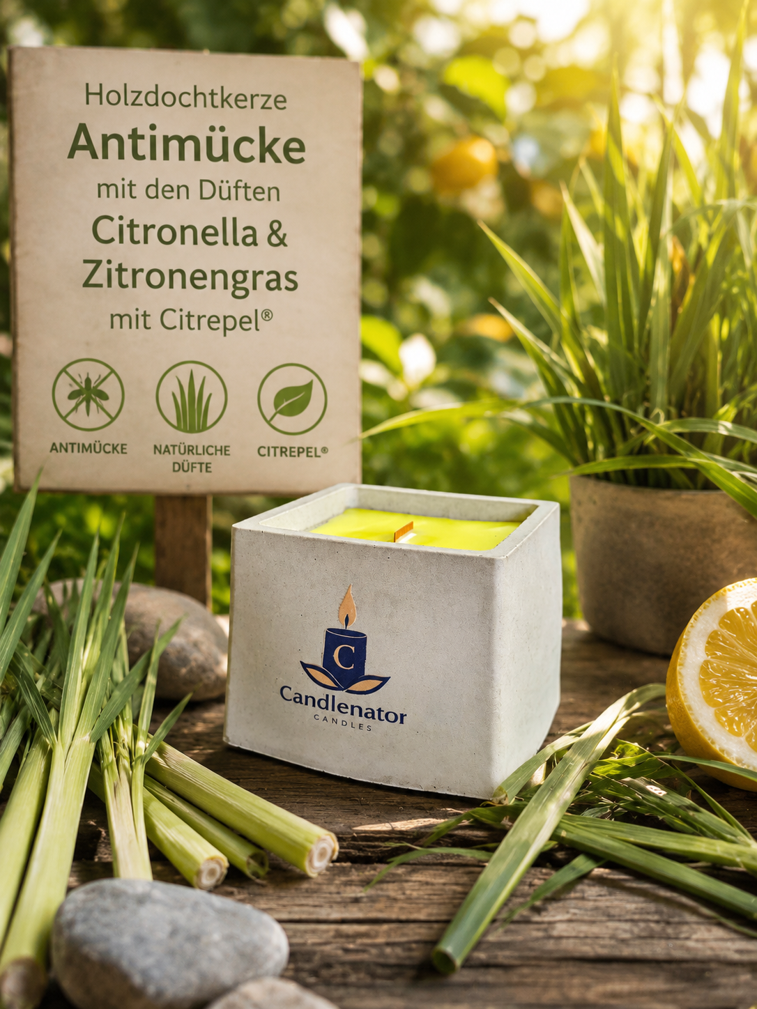 Natürliche Antimücken Beton-Duftkerze – Citronella, Zitronengras & Citrepel®